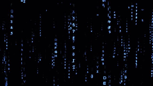 4K abstract loop blurred falling blue neon digital number text matrix style on black background animation. Isolated transparent video animation text alpha channel using Quick time prores 444