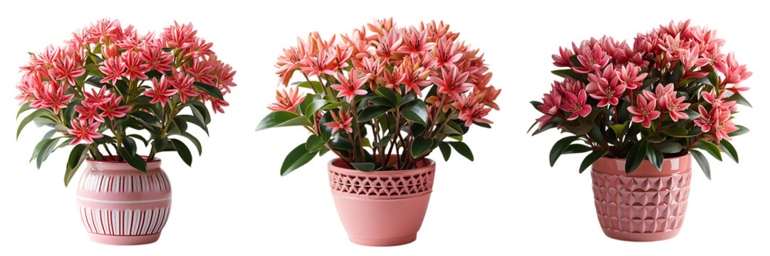 Ixora, Ixora plant in a vase, a collection of various houseplants is displayed in ceramic pots, white background,  Potted exotic house plants, home garden banner, transparent background
