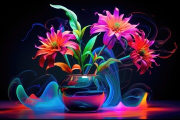 Neon Flora: Surreal Display of Luminous Plants in Translucent Vases with Vibrant Abstract Forms