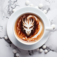 A silhouette of a dragon’s head made of foam in a white cup of coffee on a light background. A photo of a dragon in a cup, top view. A creative and fun picture of a coffee art that is shaped like a dr - obrazy, fototapety, plakaty