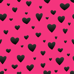Seamless pattern - ladybug with spots in the form of hearts. Abstract background of black hearts on a pink background.