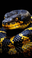 Fototapeta premium black and yellow snake on a dark background