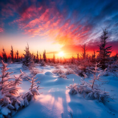 Bright sunset bright colors of snowy winter