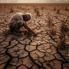A man in the desert is looking for water. Water scarcity. Desert and cracked earth. Impacts of climate change, including desertification and drought. - obrazy, fototapety, plakaty