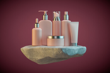 3d illustration of set of diverse cosmetic containers in pink color standing on white rock pedestal over dark red background. Cosmetic jars, bottles, tube, sprays and other containers mockup