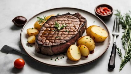 grilled beef steak and potatoes on plate