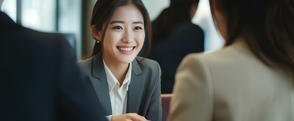 happy Korean female bank or insurance agent, Korea woman lawyer making contract deal with client at work. generative AI - obrazy, fototapety, plakaty