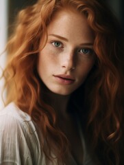 Fototapeta premium Close-up portrait of beautiful girl with long red hair looking in the camera. Cinematic close-up portrait shoot of a red-haired woman in a boho-inspired home, wearing minimalistic beige clothes