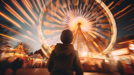 an amusement park with ferris wheel in time-lapse motion blur