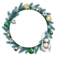 Vector Christmas Blank Round with Blue Fir Branches