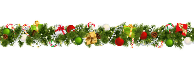 Vector Christmas Branches Border with Gifts - obrazy, fototapety, plakaty