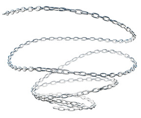 An intricately coiled steel chain with distorted and twisted spirals, presented in 3D and isolated on a transparent background in PNG format.