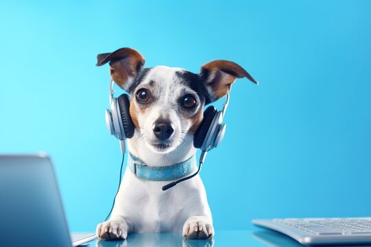 Cute dog working as a online supporter, concept of Professional assistant