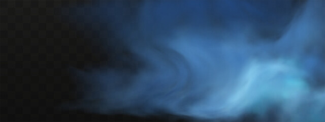 Blue magical fog over the ground.Illustration of night transparent clouds and fog over the river. Realistic neon magic mist steam on a transparent dark background.