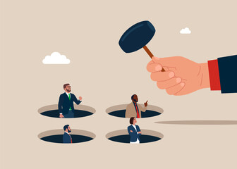 Hand businessman holding hammer hitting he boss in a mole hole. Flat vector illustration