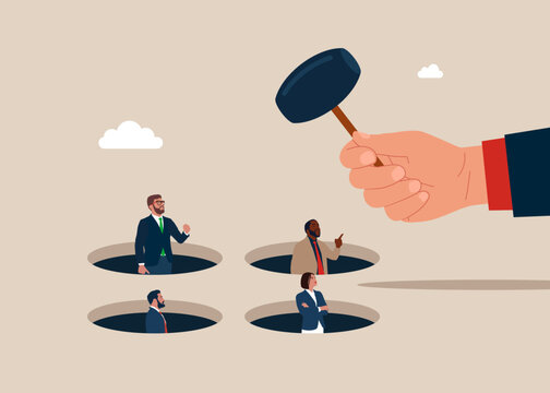 business people in holes, hammer about to hit clip art preview