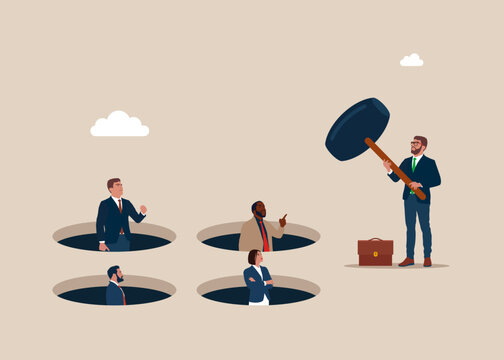 Businessman holding hammer hitting he employees in a mole hole. Flat vector illustration