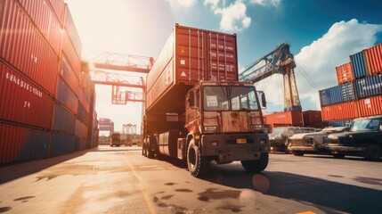 worker in container yard using tablet for loading cargo container ship working with crane in ship yard