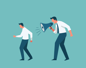 Depressed businessman self blame with scream megaphone. Self criticism, negative critic thinking to blame yourself, guilt or depression to rant or inner anxiety, anger or stress psychology concept.
