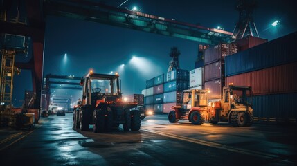 worker in container yard using tablet for loading cargo container ship working with crane in ship yard