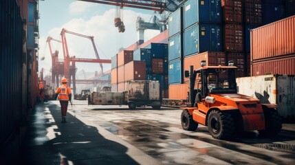 Obraz premium worker in container yard using tablet for loading cargo container ship working with crane in ship yard