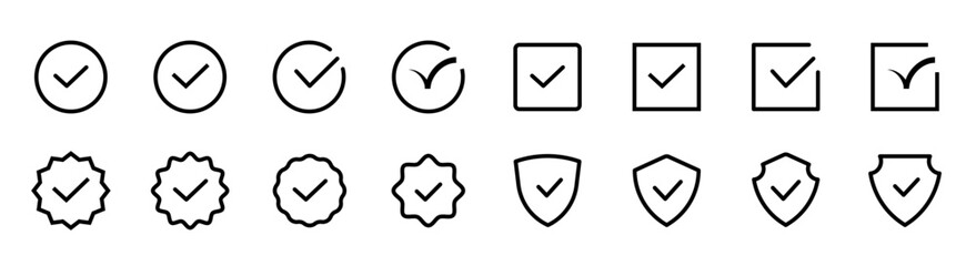 Checkmark icon set. Line checkmark tick. Vote symbol. Correct sign. Checkmark symbol. Editable stroke. Vector illustration.