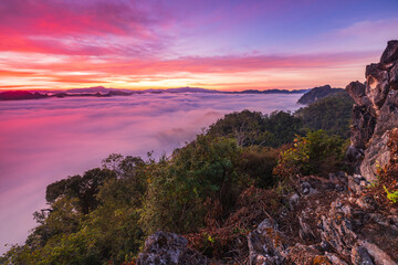 Fototapeta na wymiar Ban Cha Bo, Landscape sea of mist in morning on high mountain at Mae Hong Son province Thailand.