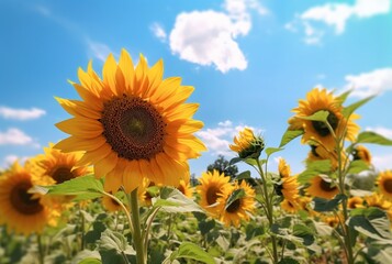 Obraz premium sunflower garden with beautiful blue sky. generative ai