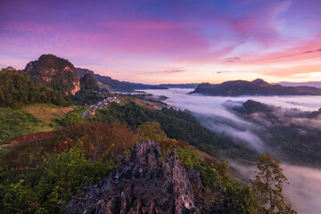 Fototapeta na wymiar Ban Cha Bo, Landscape sea of mist in morning on high mountain at Mae Hong Son province Thailand.