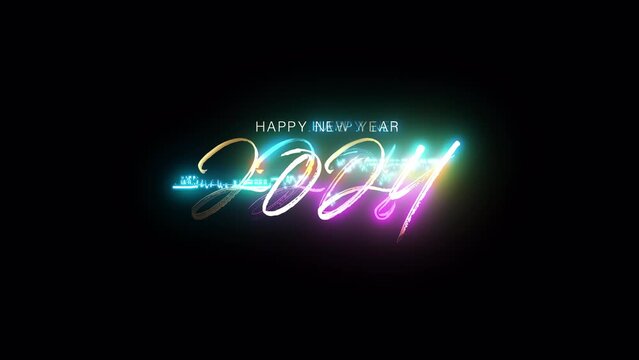 2024 Happy New Year golden text with light motion glitch cyber punk effect animation abstract backgrund.Isolated with alpha channel Quicktime Prores 444 encode. 