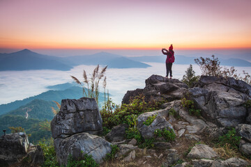 Young woman  in red jacket hiking on the high mountain, Doi Pha Tang, Chiang Rai province, border  of  Thailand and Laos. - obrazy, fototapety, plakaty