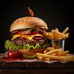 
A delicious burger paired with fries, showcased as fast food, against a tidy backdrop.