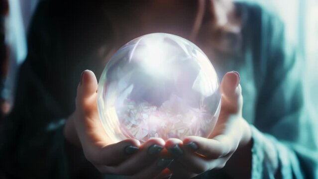 AI generated animation of fortune teller or witch hands with crystal ball. Halloween, magic or witchcraft and tricks concept. High quality 4k footage