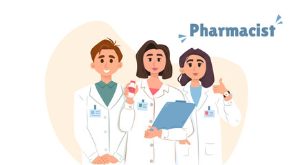 Doctor in white gown holding clipboard, male and female medic wearing uniform. Hospital employee standing in row. Pharmacist medicine. Emergency treatment concept. Vector illustration