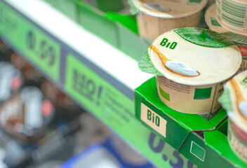 Yogurts Bio stored for sale and consumption in supermarkets