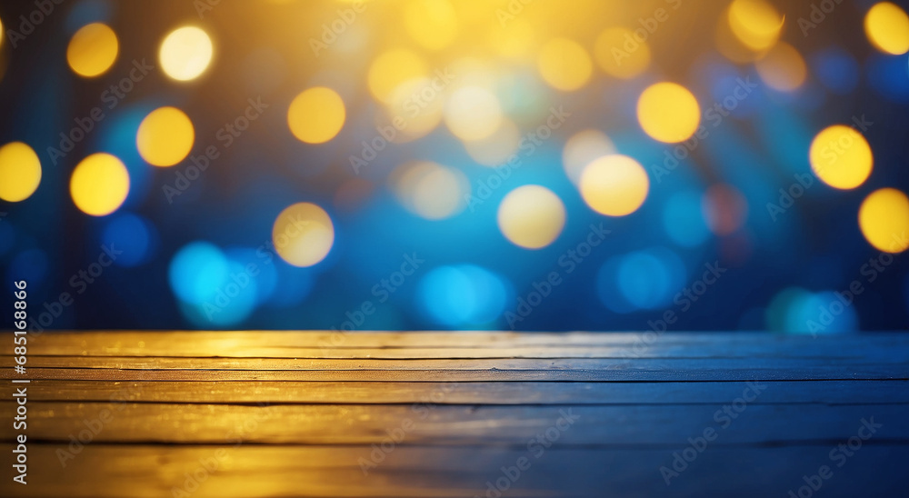 Poster ethereal elegance: romantic lighting, blur bokeh in yellow and blue hues, set against a blue backgro