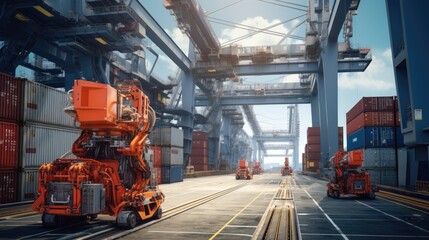 sci-fi high technology robotic AI activity for loading cargo container ship working with crane in ship yard