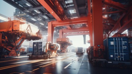 Fototapeta na wymiar sci-fi high technology robotic AI activity for loading cargo container ship working with crane in ship yard