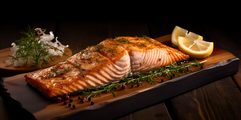 A plate of salmon with a salad and tomatoes, Grilled salmon wood board. A raw salmon fillet  rustic wooden cutting board, A platter of salmon and lemons with  fork and knife on table. generative AI

