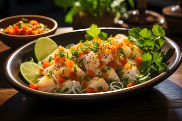 Ceviche - a dish of fresh raw fish marinated in citrus juices and spiced with chili pepper