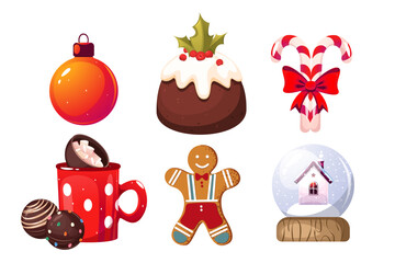 Set of Christmas elements. Merry Christmas and Happy New Year. Christmas pudding, chocolate bombs, candy cane, snow globe, cocoa.Vector illustration.