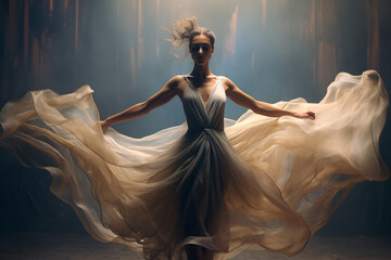 A woman dancing while her dress is floating through the air in motion