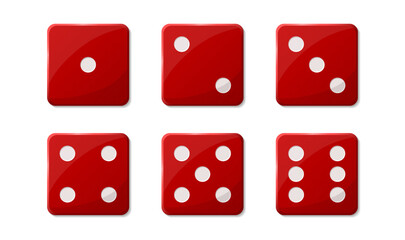 Vegas casino red dice in row. One to six position cube. Take chance. Gambling addiction, risky money, lucky game. Concept of playing via real cash. Isolated on white background. Vector illustration