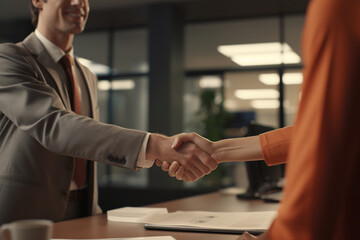 The perfect candidate for a job interview, a confident businesswoman smiling and shaking hands after an interview in an office environment - obrazy, fototapety, plakaty