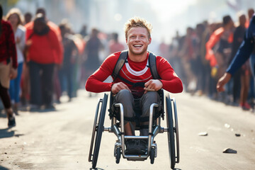 Obraz premium A man using a wheelchair participates in a marathon wheelchair race at sports games for paraathletes.