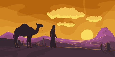 Bedouin in traditional wear with caravan camel travelling across sahara desert panoramic view with bloody red scenic sunset and sunrise, landscape, arabic sand dune. Summer travel. Vector illustration