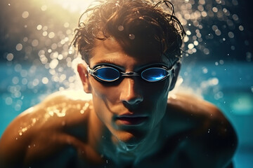 Closeup of handsome young athletic man wearing swimming goggles swimming in an indoor pool.
