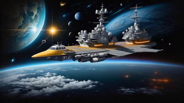 An imaginative depiction of space defense forces, with a stealth fighter and a powerful warship floating in orbit, reflects humanity's futuristic vision of extraterrestrial security