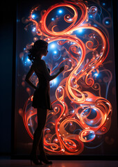 silhouette of a woman, colorful lights, neon art