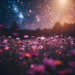 Night blooming meadow, space with stars - 685171223